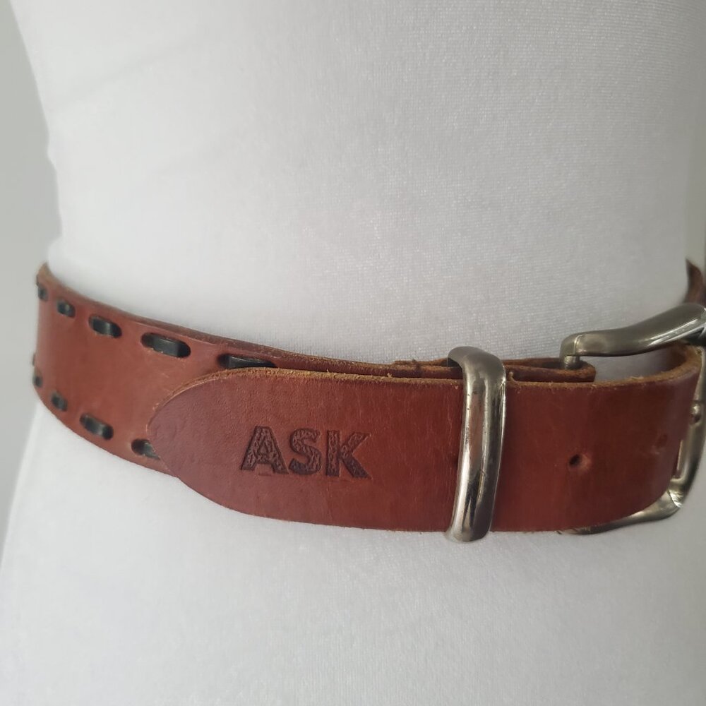 VTG Mid-Century Unisex Brown Leather Belt Silver Buckle Contrast Black Stitching
